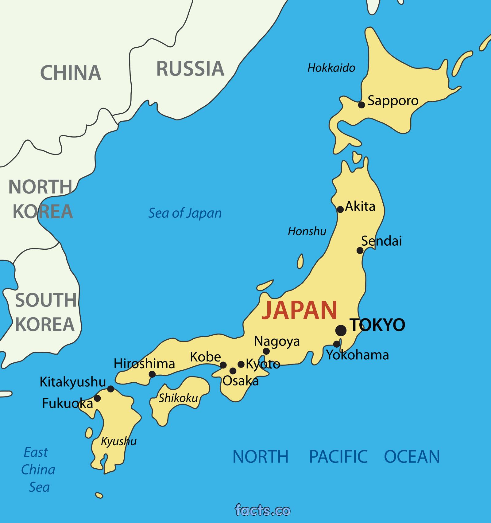 Japon les grandes villes de la carte - Japon carte avec les grandes villes  (Asie de l'est - Asie)
